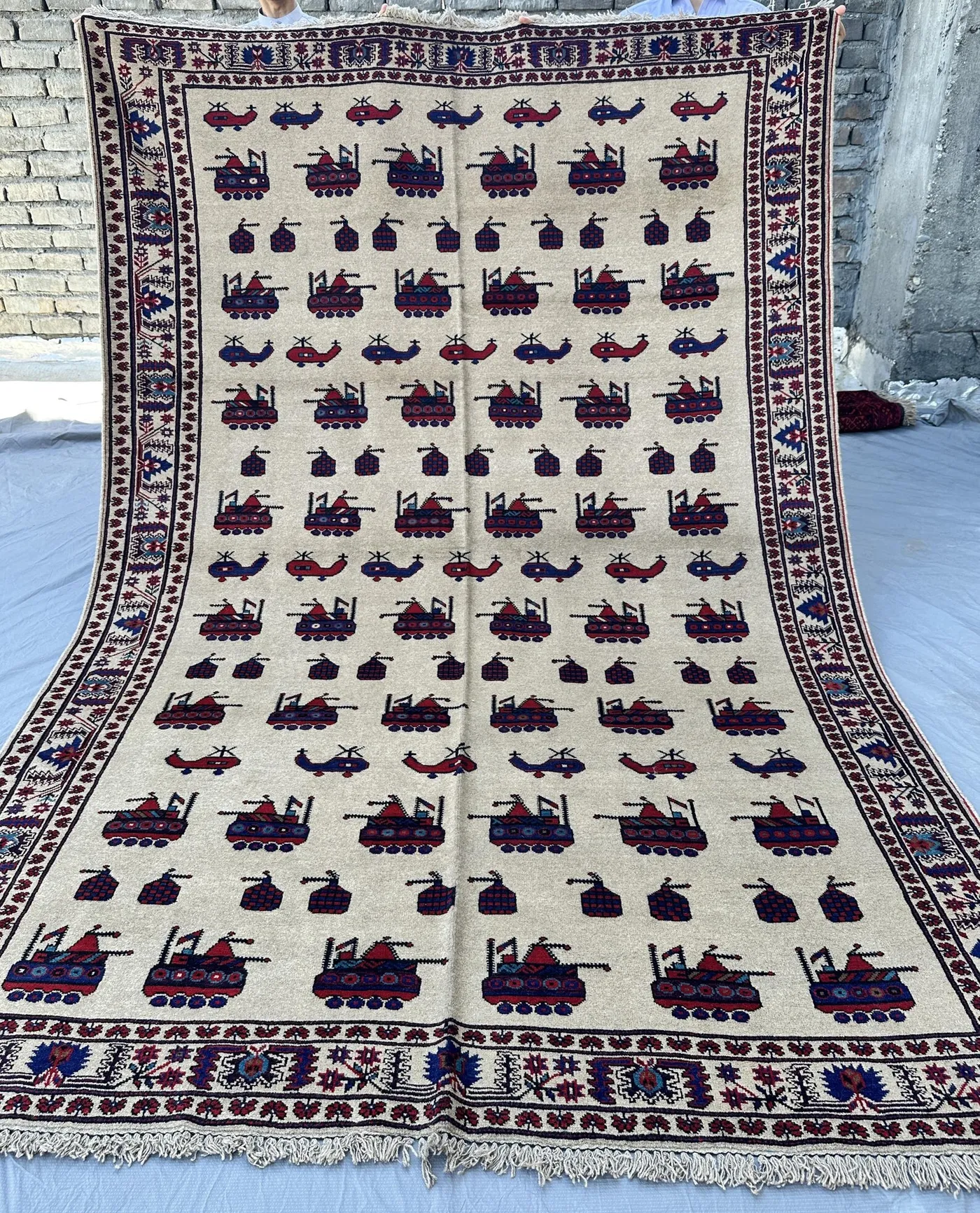 7x10 Afghan War Rug, Hand Knotted Wool Tank Helicopter Carpet, Ivory Pictorial Collector Rug Living Room Rug