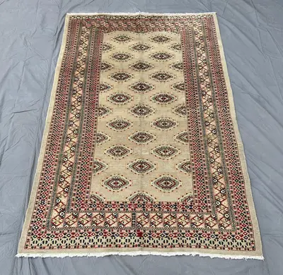 Handknotted Turkmen Bukhara 4x6 Rug, Geometric Elephant Foot Motif Wool Rug, Living Room Area Rug, Home Office