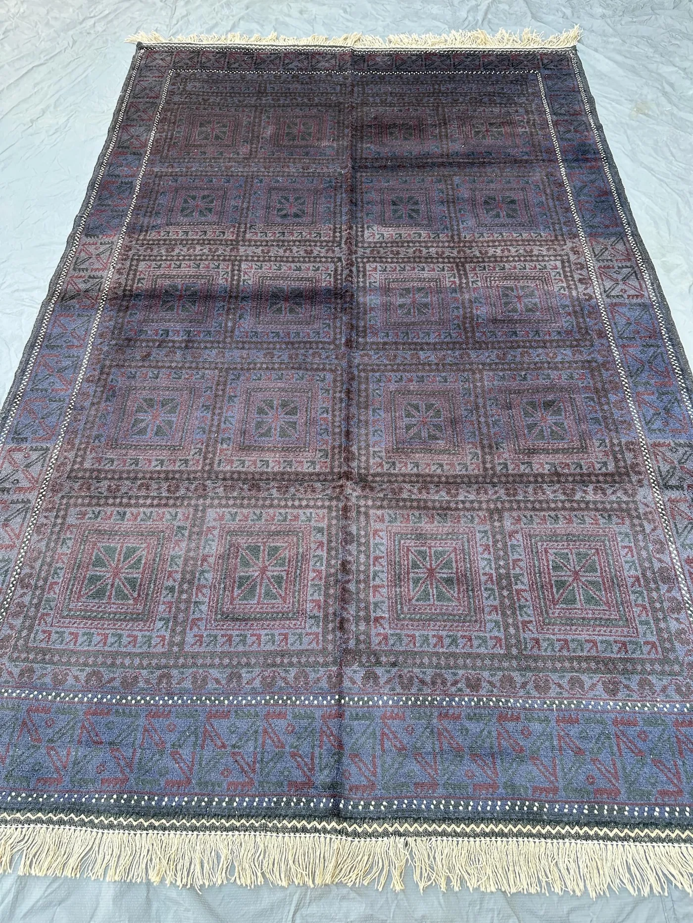 Faded Navy Rug, Hand Knotted Wool Tribal Panel Carpet 6x10, Vintage Style Distressed Rug, Muted Boho Wool Rug, Living Room Rug