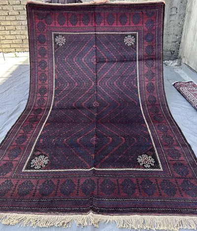 1970s Afghan Baluch Hand-Knotted Wool Rug, Diamond Lattice Tribal, Muted Navy Plum (6'4" x 9'6")