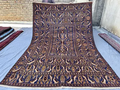 Zakani Navy Blue Afghan Baloch Pictorial Rug 10x6, Old Hand-Knotted Wool Carpet, Tribal Bird Motif Garden Desi