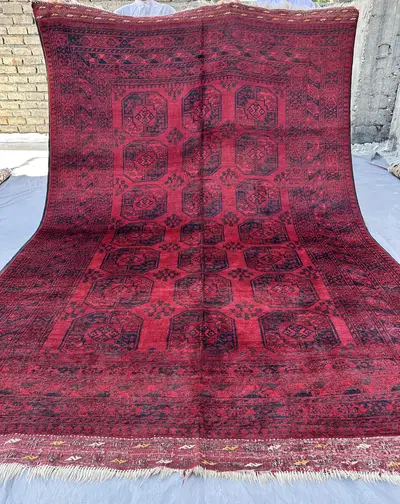7x10, Vintage Red Elephant Foot Rug, Afghan Wool Tribal Carpet Faded Turkmen Area Rug Living Room Rug