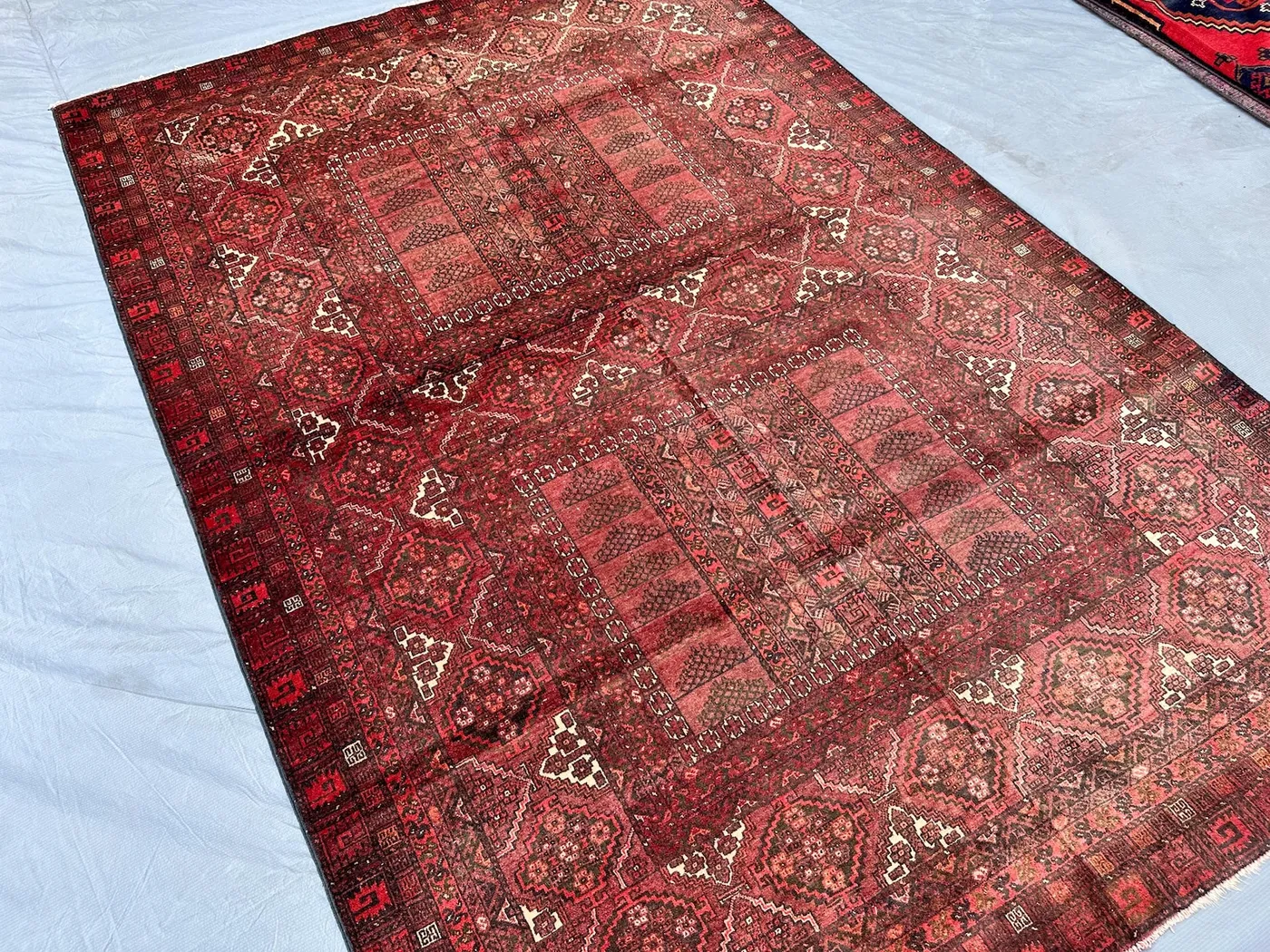 5x8 Vintage Turkmen Ensi Wool Rug, Red Aubergine Hatchli Door Rug Faded Antique Tribal Hand-Knotted Boho Area Carpet