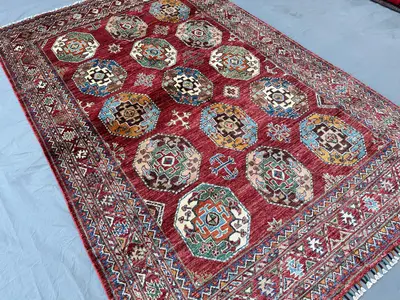 5x8 Afghan Chobi Wool Area Rug, Red Ersari Elephant Foot Gul Veg Dye Turkmen Tribal Hand-Knotted Living Room C