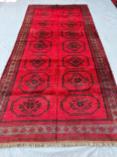 5x11 Afghan Maldari Wool Area Rug, Red Black Elephant Foot Gul Turkmen Tribal Gallery Hand-Knotted Long Hallwa