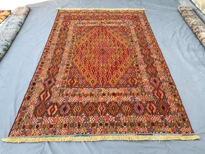 Masterpiece Multicolor Afghan Mushwani Kilim 9x7, Handwoven Wool Flatweave Rug, Diamond Lattice Tribal Design,