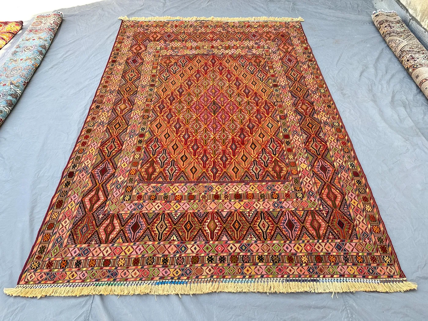 Masterpiece Multicolor Afghan Mushwani Kilim 9x7, Handwoven Wool Flatweave Rug, Diamond Lattice Tribal Design, Vintage Living Room Rug