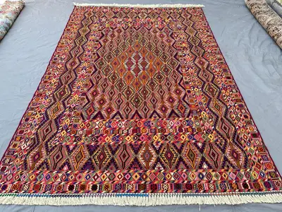 Fine Quality Multicolor Afghan Mishwani Kilim Rug 9x7, Handwoven Wool Flatweave Rug, Vibrant Diamond Lattice D