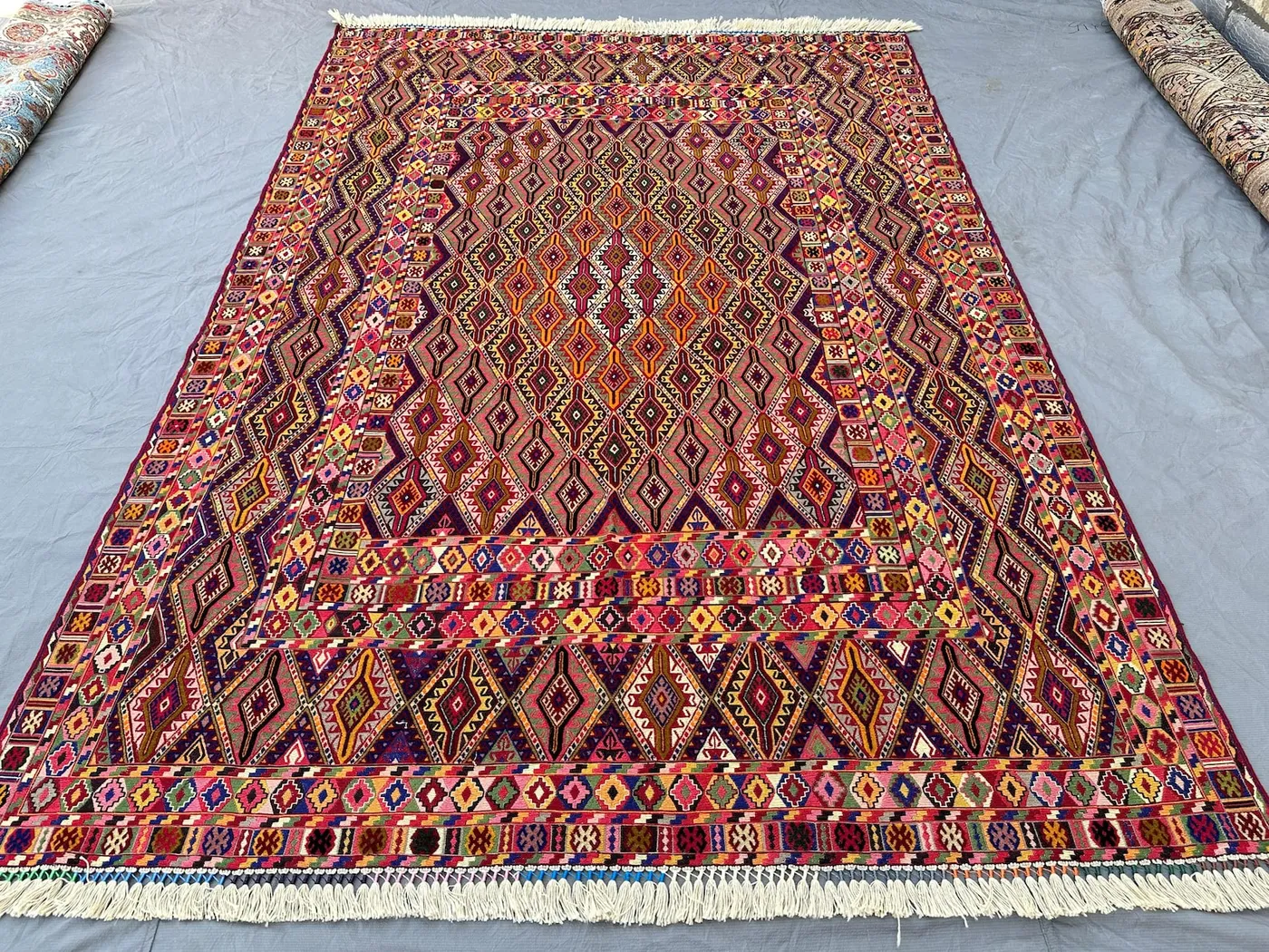 Fine Quality Multicolor Afghan Mishwani Kilim Rug 9x7, Handwoven Wool Flatweave Rug, Vibrant Diamond Lattice Design, Vintage Living Room Rug