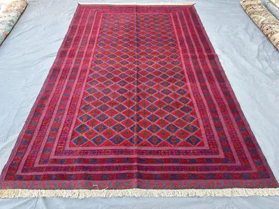 6x10 Large Wool Area Rug, Geometric Red and Navy Blue Hand Knotted Turkmen Tribal Carpet, Traditional Flatweav