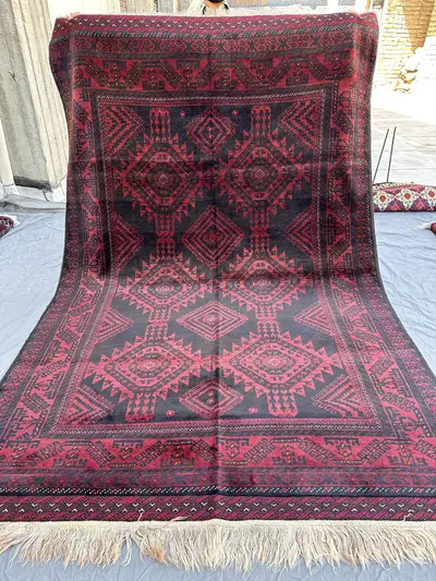 Black & Red Afghan Baluchi Rug 9x6, Hand-Knotted Wool Carpet, Bold Diamond Medallion Tribal Design, Vintage Li