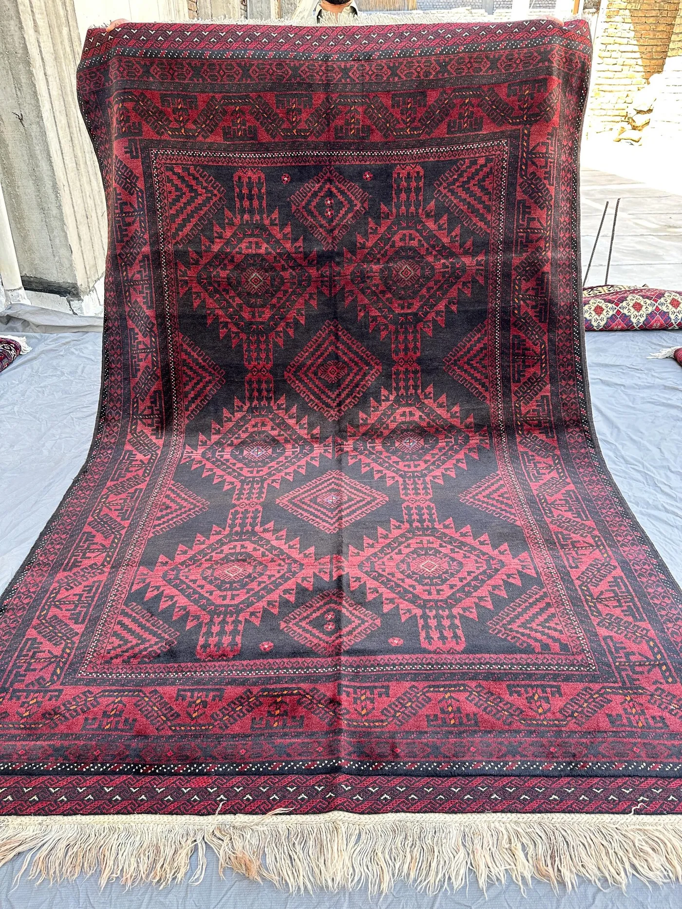 Black & Red Afghan Baluchi Rug 9x6, Hand-Knotted Wool Carpet, Bold Diamond Medallion Tribal Design, Vintage Living Room Rug