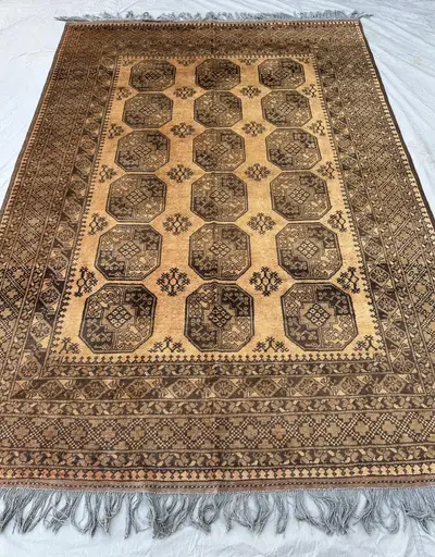 7x10 Antique Camel Brown Afghan Rug, 1960s Elephant Foot Wool Carpet, Vintage Tribal Area Rug