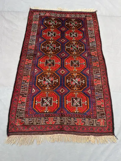 Red 4x6'8 Ft Hand-Knotted Balochi Vintage Rug, Tribal Oriental Design, Soft Wool, Antique, One-of-a-Kind, Luxu