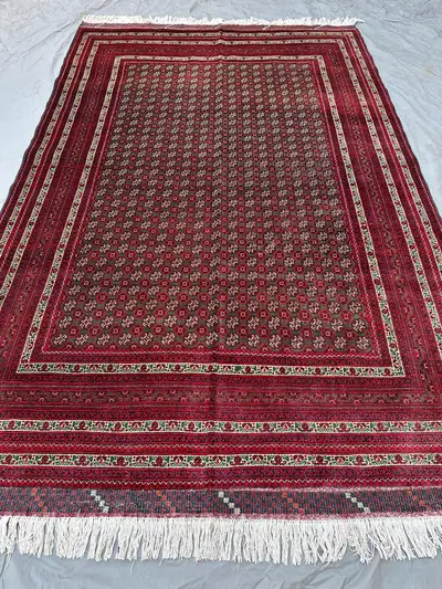 6'6x10'1 Persian-Style Mir Boteh Design Rug | Hand-Knotted Wool on Cotton | Deep Red & Forest Green Paisley