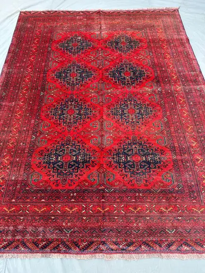 7x9 Red Afghan Wool Rug, Hand Knotted Large Gul Carpet, Ersari Tribal Area Rug Living Room Rug