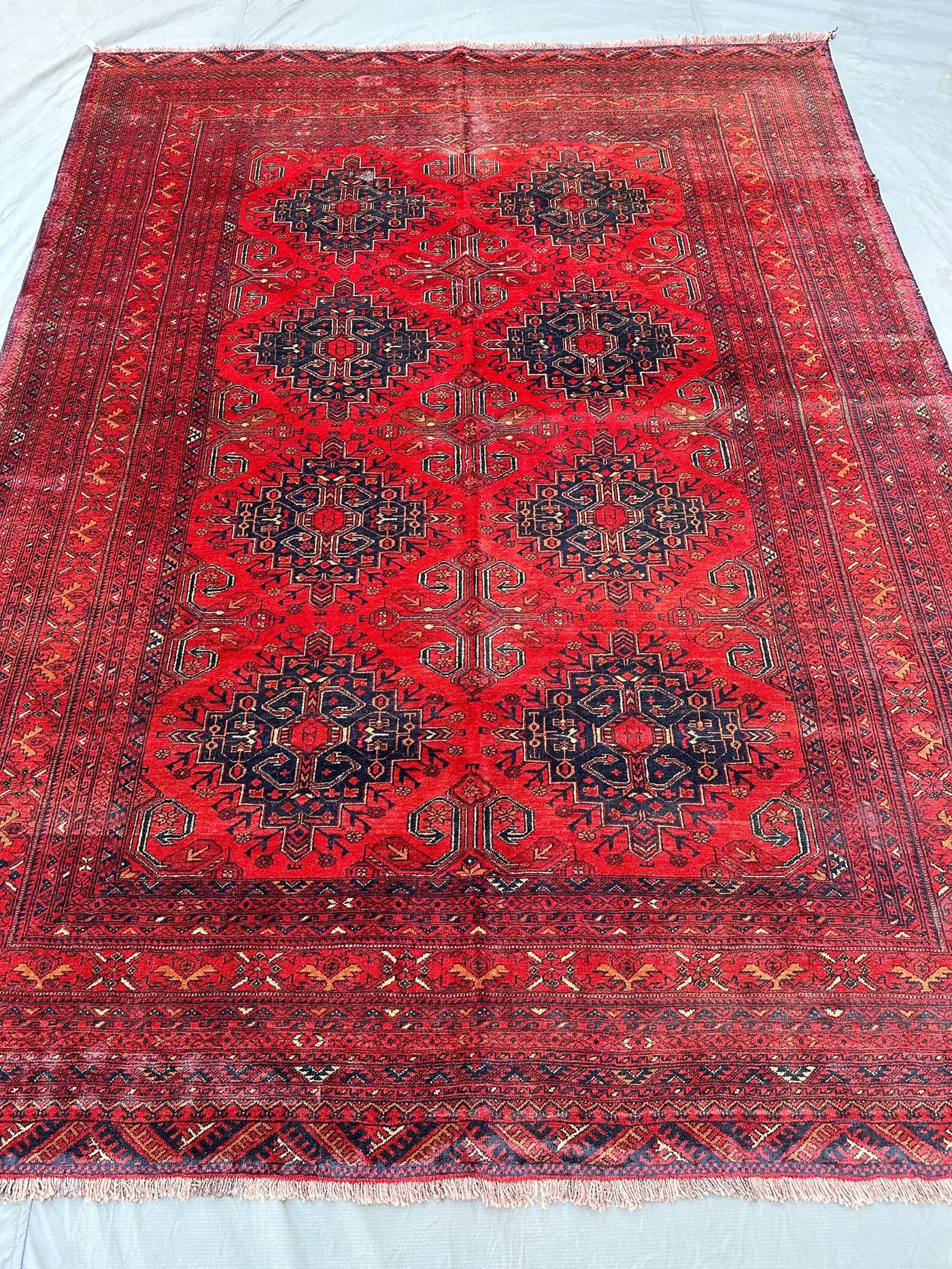 7x9 Red Afghan Wool Rug, Hand Knotted Large Gul Carpet, Ersari Tribal Area Rug Living Room Rug