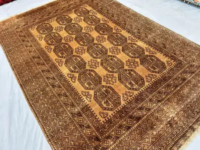 1960s Antique Terracotta Bokhara Wool Rug, 6'7" x 9'7" Filpa Elephtan Foot Desgin Area Living Room Rug