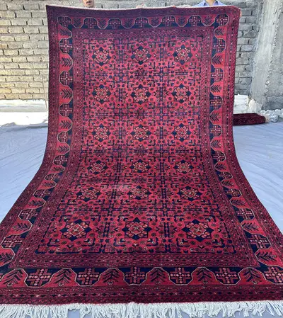 7x10 Red Afghan Khal Mohammadi Rug, Hand Knotted Wool Geometric Lattice Carpet, Tribal Area Rug