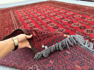 7x9,Red Tribal Medallion Rug, Hand Knotted Wool Octagon Carpet Bokhara Style Wool Rug, Traditional Tribal Rug,