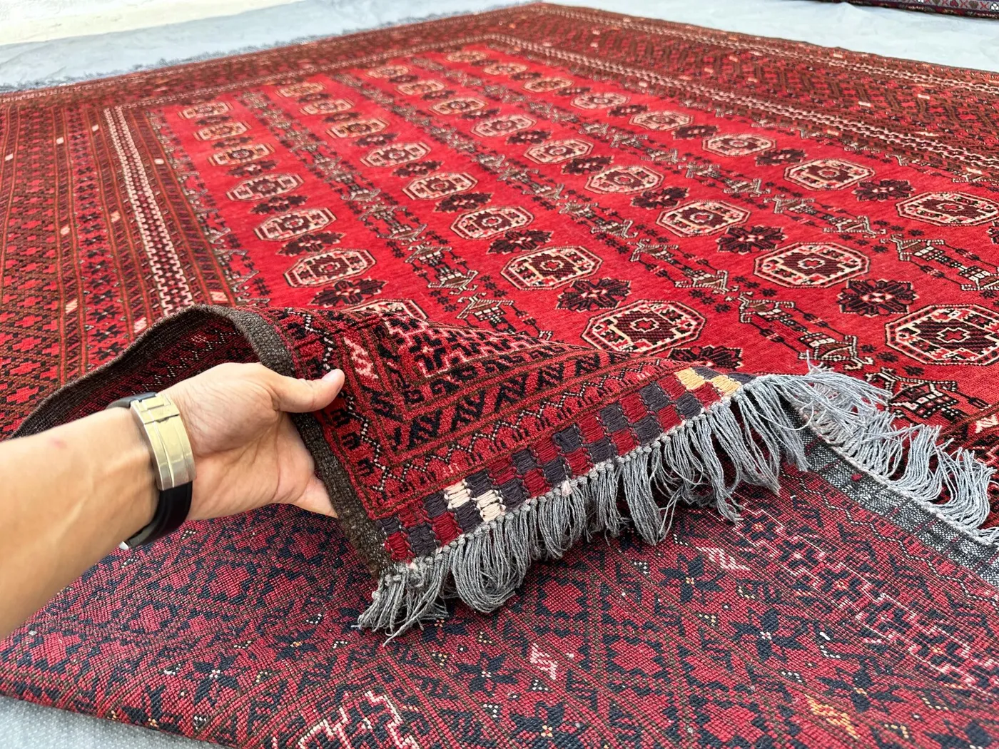 7x9,Red Tribal Medallion Rug, Hand Knotted Wool Octagon Carpet Bokhara Style Wool Rug, Traditional Tribal Rug, Living Room Rug