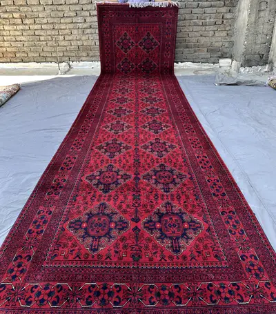 4x16 Large Hallway Runner Rug, Hand Knotted Red and Navy Blue Wool Carpet, Geometric High Quality Khal Mohamma
