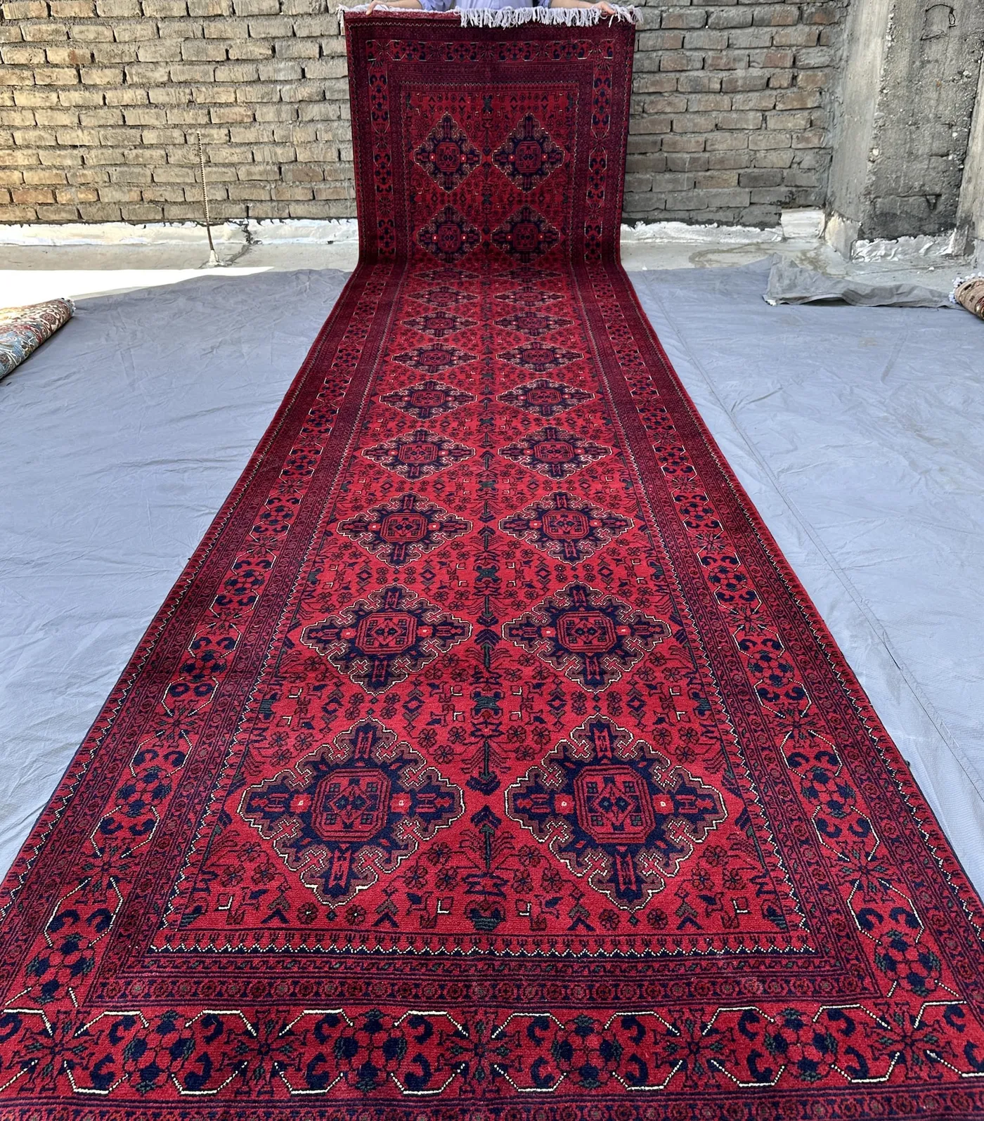 4x16 Large Hallway Runner Rug, Hand Knotted Red and Navy Blue Wool Carpet, Geometric High Quality Khal Mohammadi Style Tribal Floor Runner,