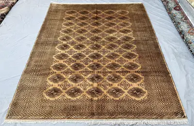 7x8 Antique Camel Turkmen Rug, 1960s Afghan Wool Diamond Gul Carpet, Vintage Tribal Area Rug