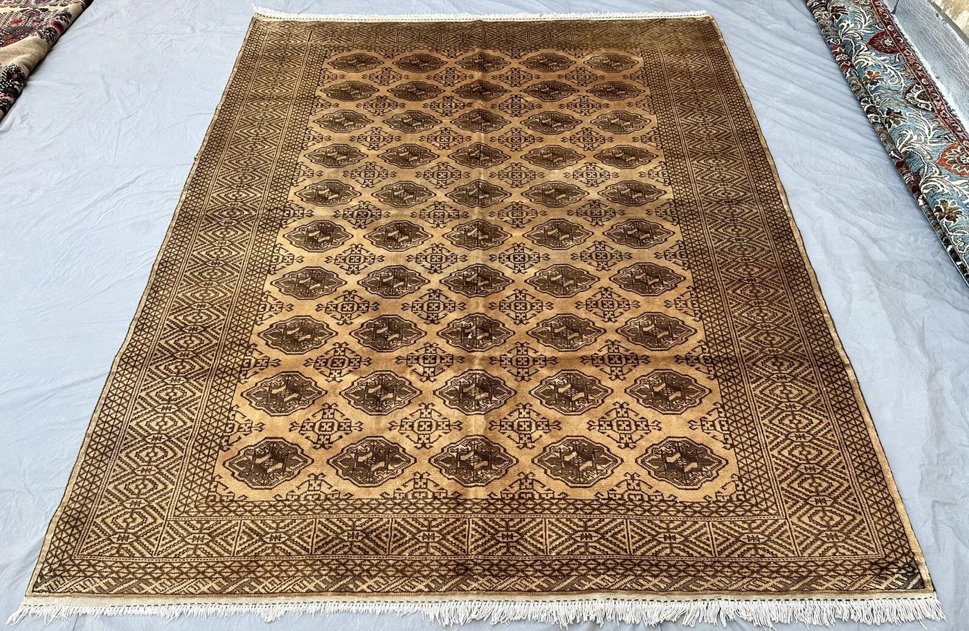 7x8 Antique Camel Turkmen Rug, 1960s Afghan Wool Diamond Gul Carpet, Vintage Tribal Area Rug