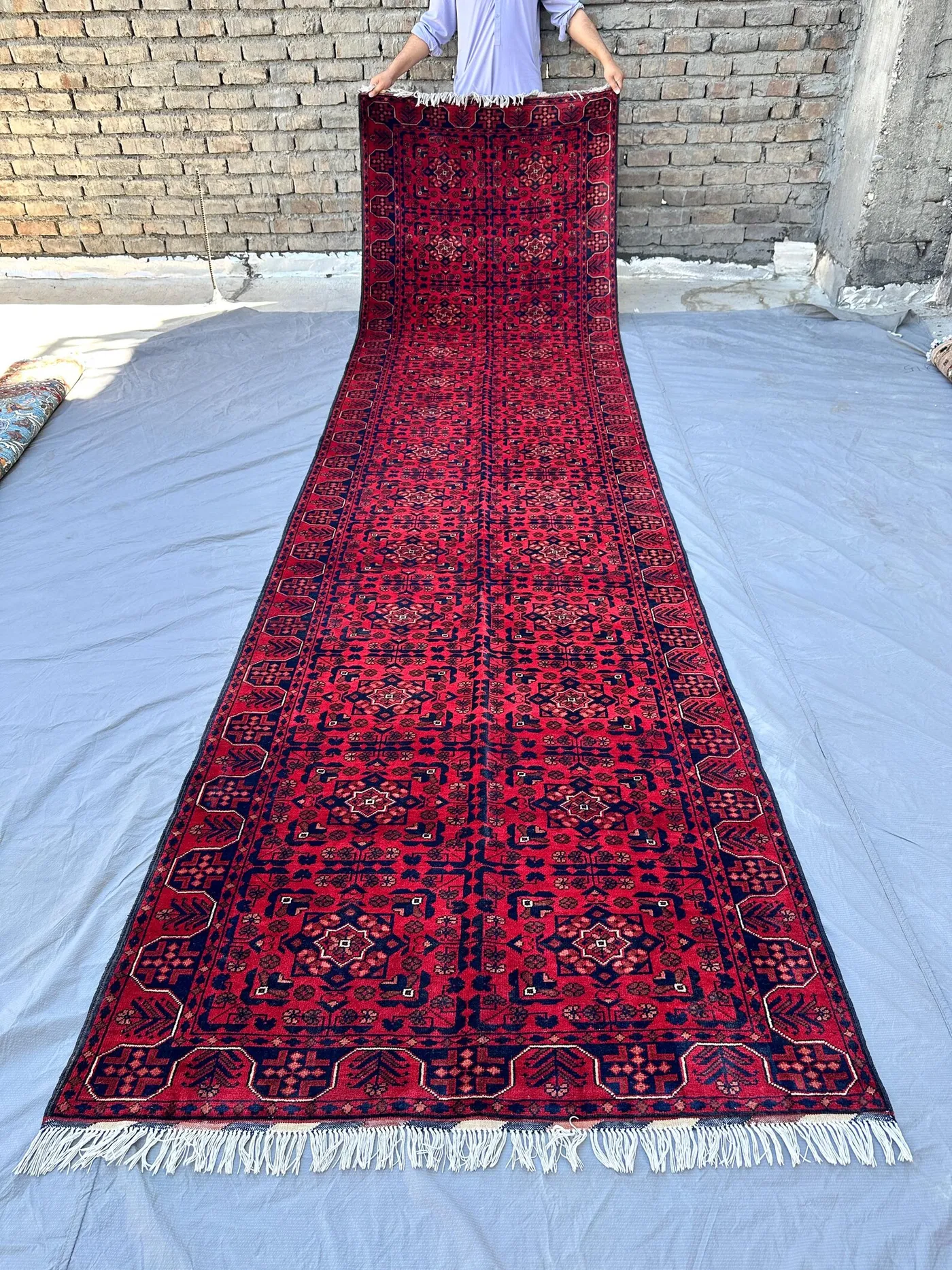 3x13, Red Wool Khamyab Runner, Hand Knotted Tribal Hallway Rug Afghan Geometric Carpet Entryway Rug