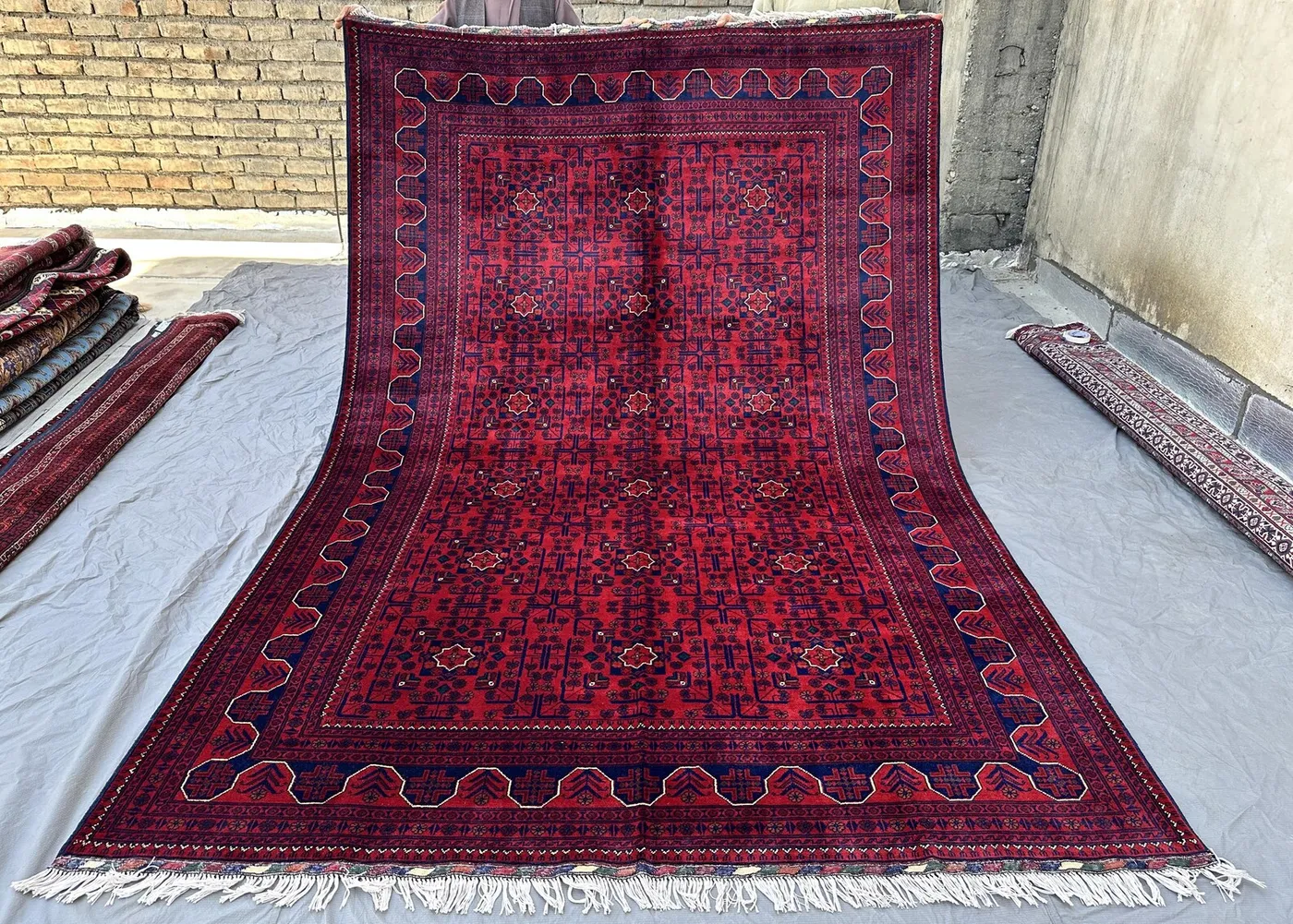 7x10,Red Afghan Khal Mohammadi Rug Hand-Knotted Wool Carpet, Star Medallion Tribal Design, Vintage Living Room Rug