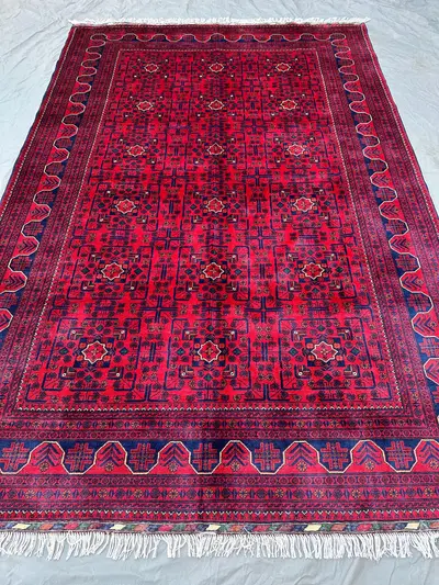 7x10,Red Bokhara Rug, Hand Knotted Wool Tribal Medallion Carpet Elephant Foot Rug, Traditional Wool Rug, Livin