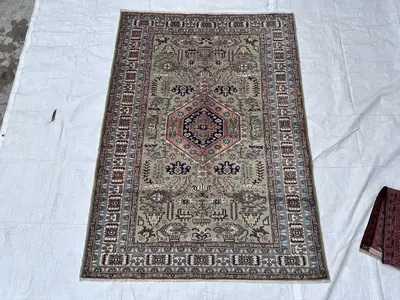 Semi Antique Green Caucasian Karachov 4x6 Rug, Tribal Medallion Wool Carpet, Living Room Rug, Bedroom Accent A