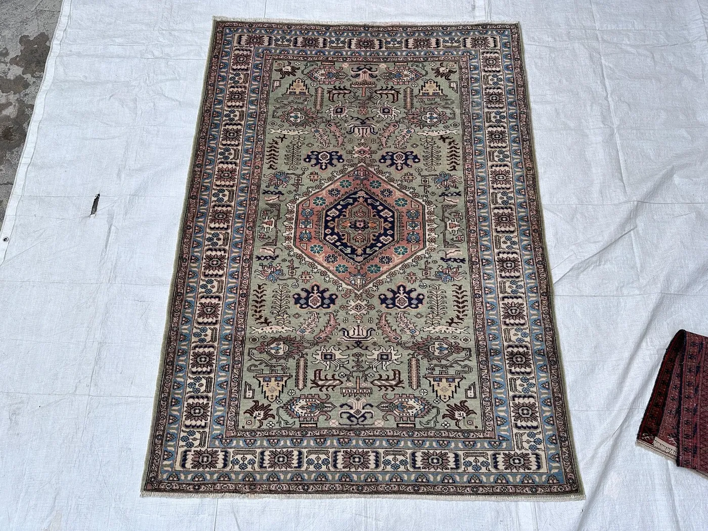 Semi Antique Green Caucasian Karachov 4x6 Rug, Tribal Medallion Wool Carpet, Living Room Rug, Bedroom Accent Area Deco, Handwoven Wool Rug