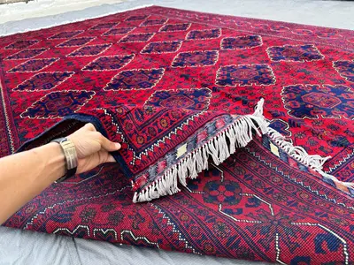 7x10,Red Afghan Khal Mohammadi Rug Hand-Knotted Wool Carpet, Diamond Medallion Tribal Design, Vintage Living R
