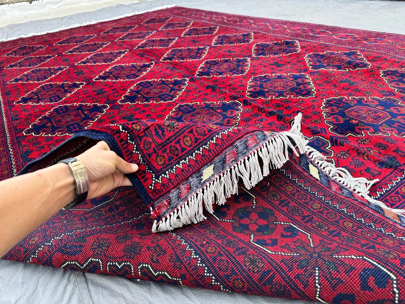 7x10,Red Afghan Khal Mohammadi Rug Hand-Knotted Wool Carpet, Diamond Medallion Tribal Design, Vintage Living Room Rug
