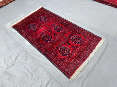 3x6 Afghan Khal Mohammadi Biljic Wool Area Rug, Red Navy Turkmen Bukhara Tribal Medallion Hand-Knotted Bedroom
