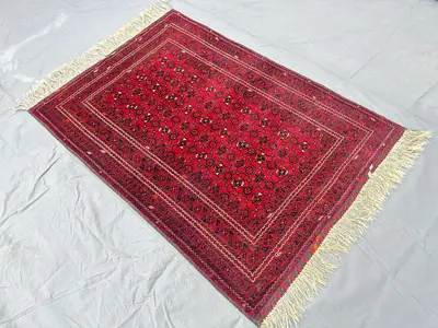 3x5 Afghan Turkmen Wool Area Rug, Red Black Beljik Gul Bashiri Bukhara Tribal Geometric Hand-Knotted Entryway 