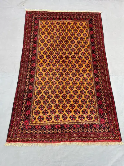 Red 4x6'4 Ft Hand-Knotted Turkmani Vintage Rug, Balochi Design, Oriental Soft Wool Rug, Traditional Wool Rug, 