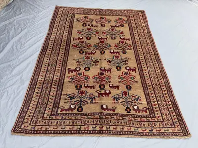 6 x 9 ft Afghan hand knotted vintage soft pile one of a kind pictorial animal print rug balochi design