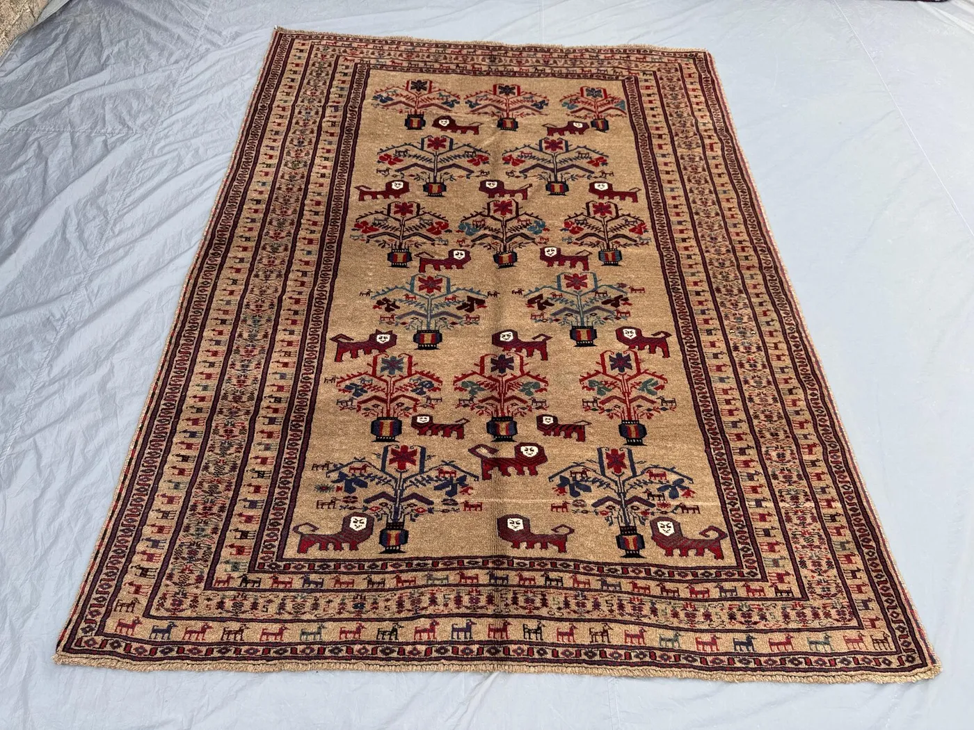 6 x 9 ft Afghan hand knotted vintage soft pile one of a kind pictorial animal print rug balochi design