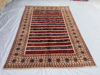 7 x 9 ft Afghan Hand-Knotted Vintage Rug Soft Pile Balochi Design Pictorial Animal Print One of a Kind Boho Ho