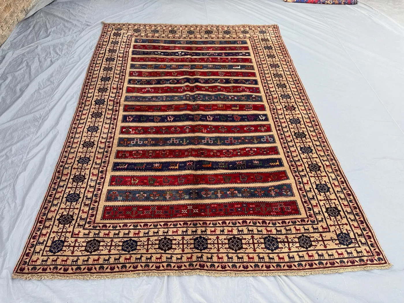7 x 9 ft Afghan Hand-Knotted Vintage Rug Soft Pile Balochi Design Pictorial Animal Print One of a Kind Boho Home Decor Large Area Rug