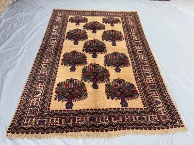 7 x 9 ft Afghan Hand-Knotted Vintage Soft Pile Balochi Design Pictorial Flower Print One of a Kind Boho Home D