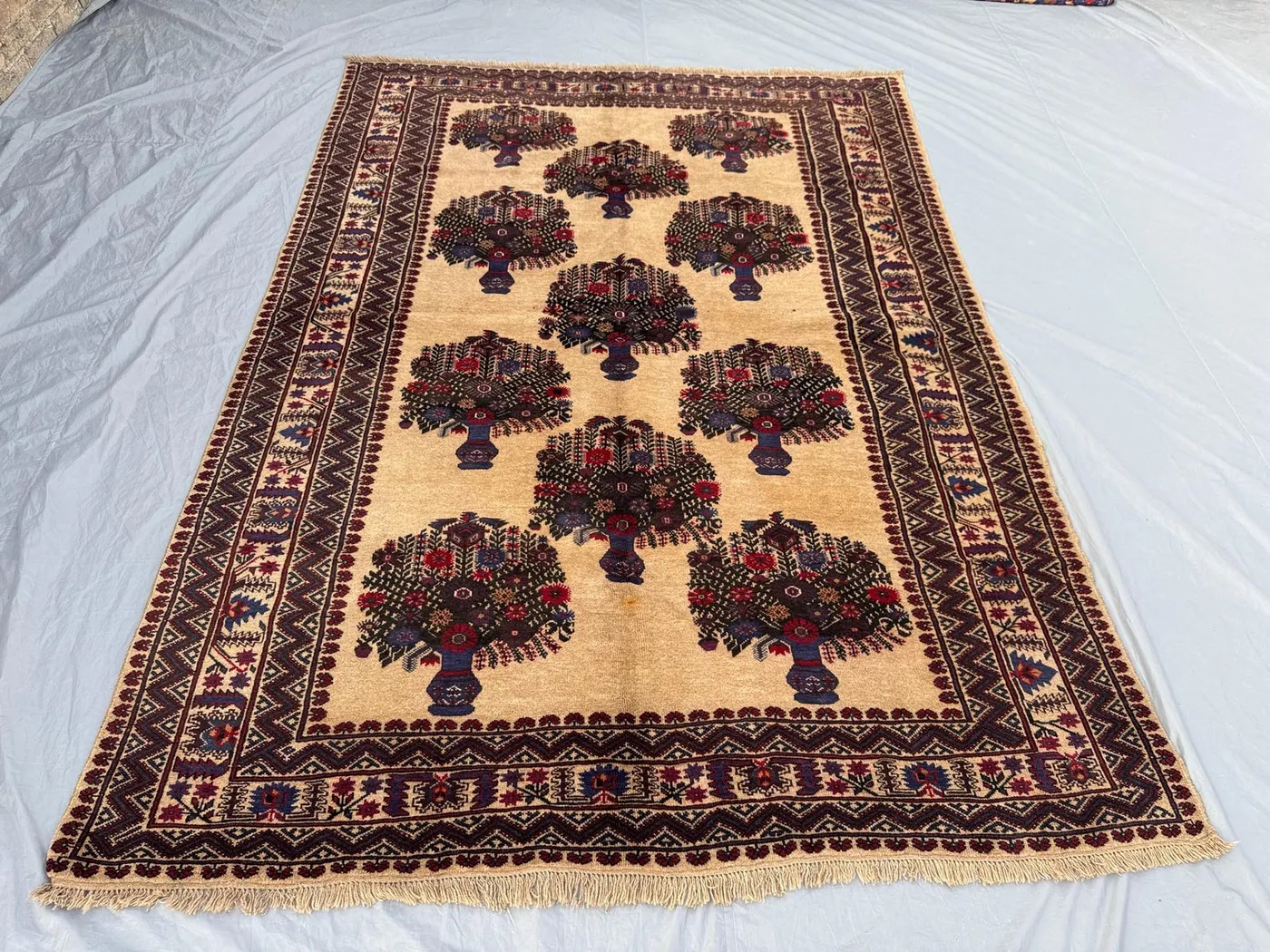 7 x 9 ft Afghan Hand-Knotted Vintage Soft Pile Balochi Design Pictorial Flower Print One of a Kind Boho Home Decor Large Area Rug