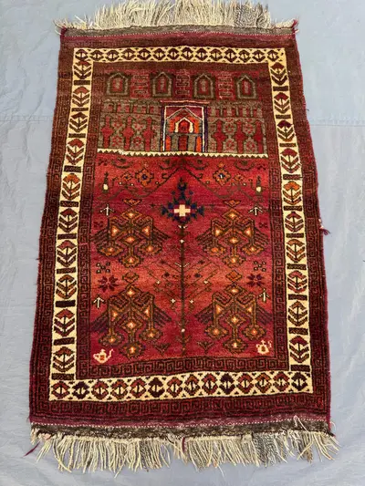 Red 2'11 x 4'7 ft Vintage Afghan Handmade Prayer Rug, Tribal Mihrab Design, Nomandic Wool Small Area Rug for B