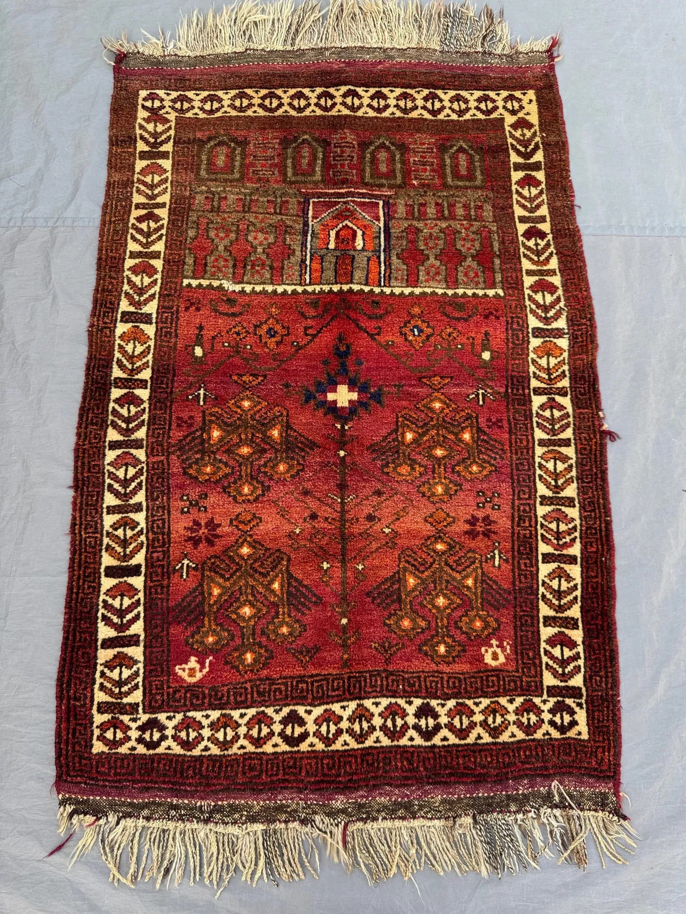 Red 2'11 x 4'7 ft Vintage Afghan Handmade Prayer Rug, Tribal Mihrab Design, Nomandic Wool Small Area Rug for Bedroom Prayer Corner Entryway