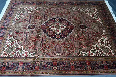 8x11 Persian-Style Tabriz Medallion Design Rug | Afghan Hand Knotted Wool | Pink & Navy Floral