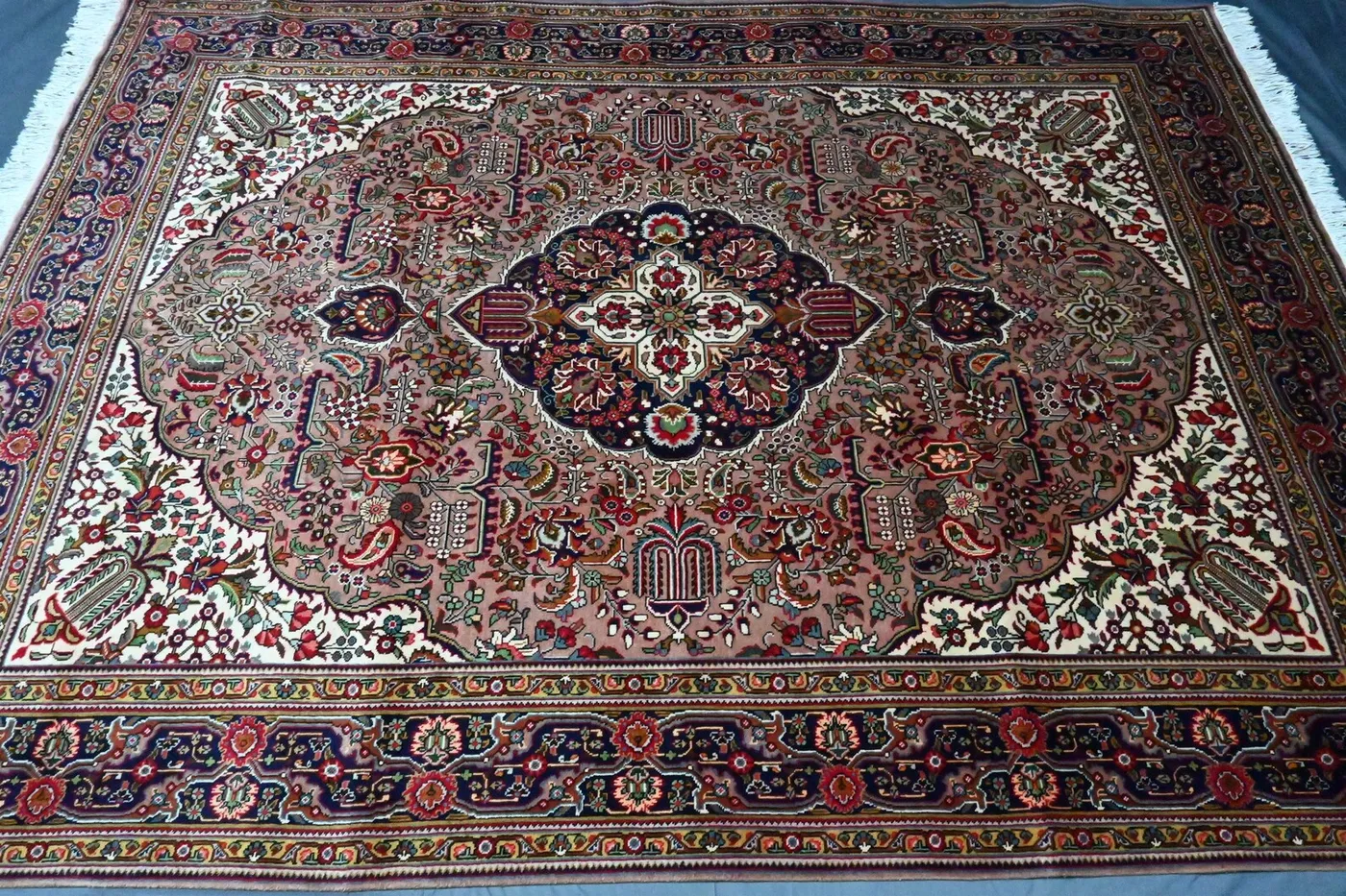 8x11 Persian-Style Tabriz Medallion Design Rug | Afghan Hand Knotted Wool | Pink & Navy Floral