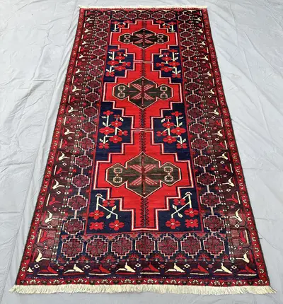 Vintage Baluchi 4x9 Hallway Rug, Tribal Medallion Floral Rug, Red Blue Wool Wide Runner Rug Bedroom Decor Livi